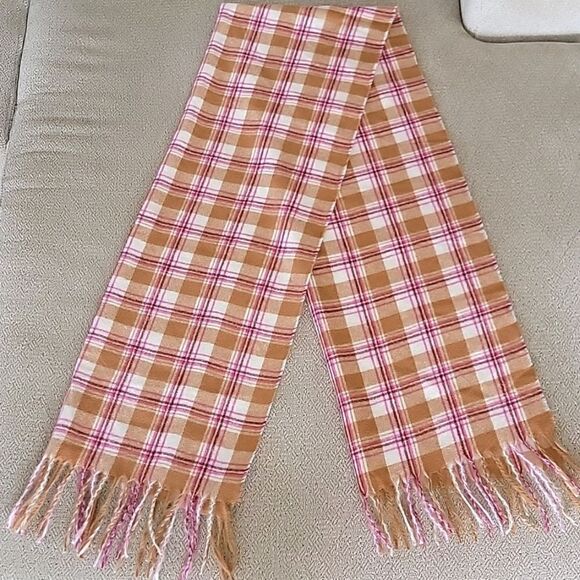 LOFT Outlet Plaid Cream Caramel Brown Pink Maroon Fringed Hem Winter Scarf - Picture 1 of 7